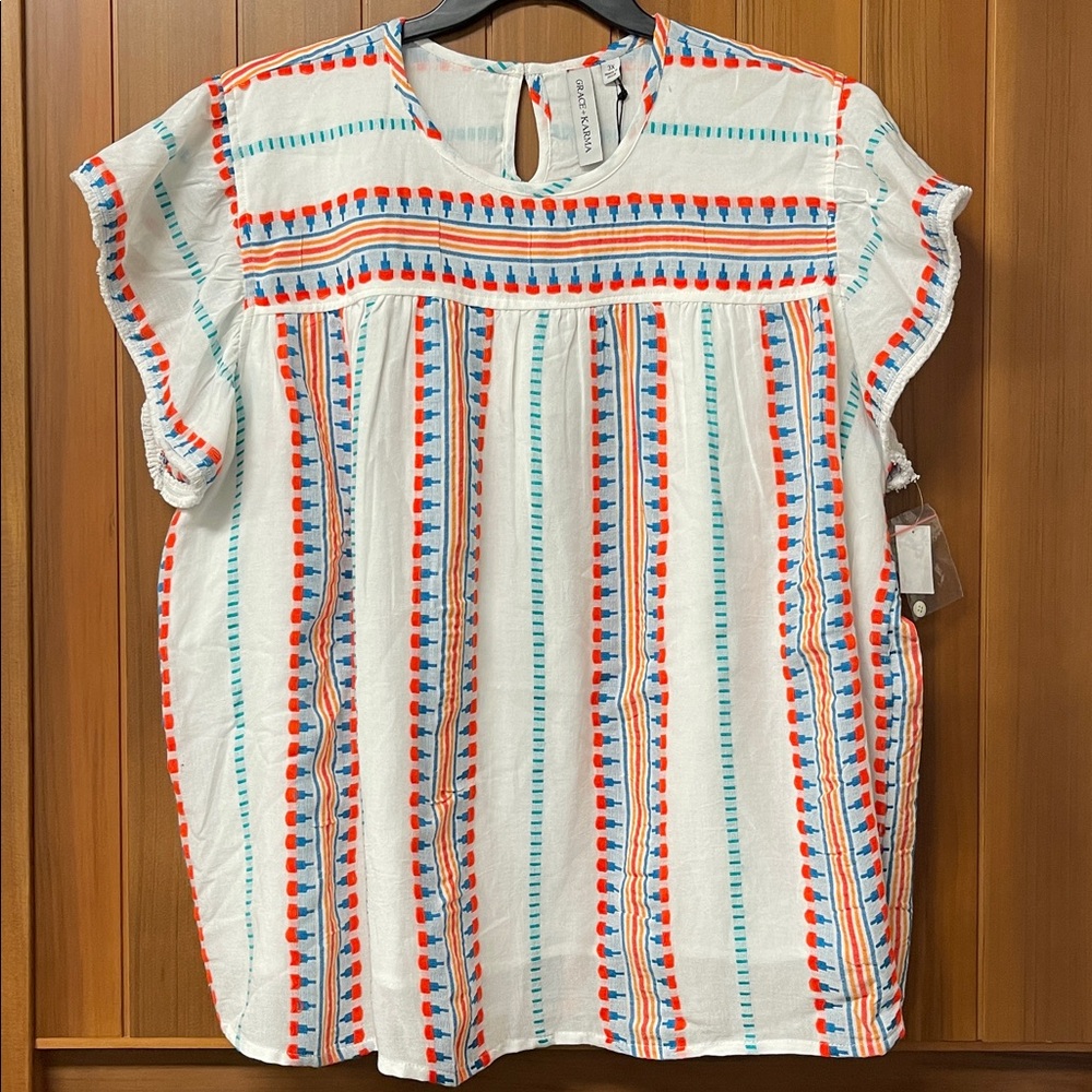 Grace + Karma Fringe Sleeve Lined Patterned Blouse 3X NWT